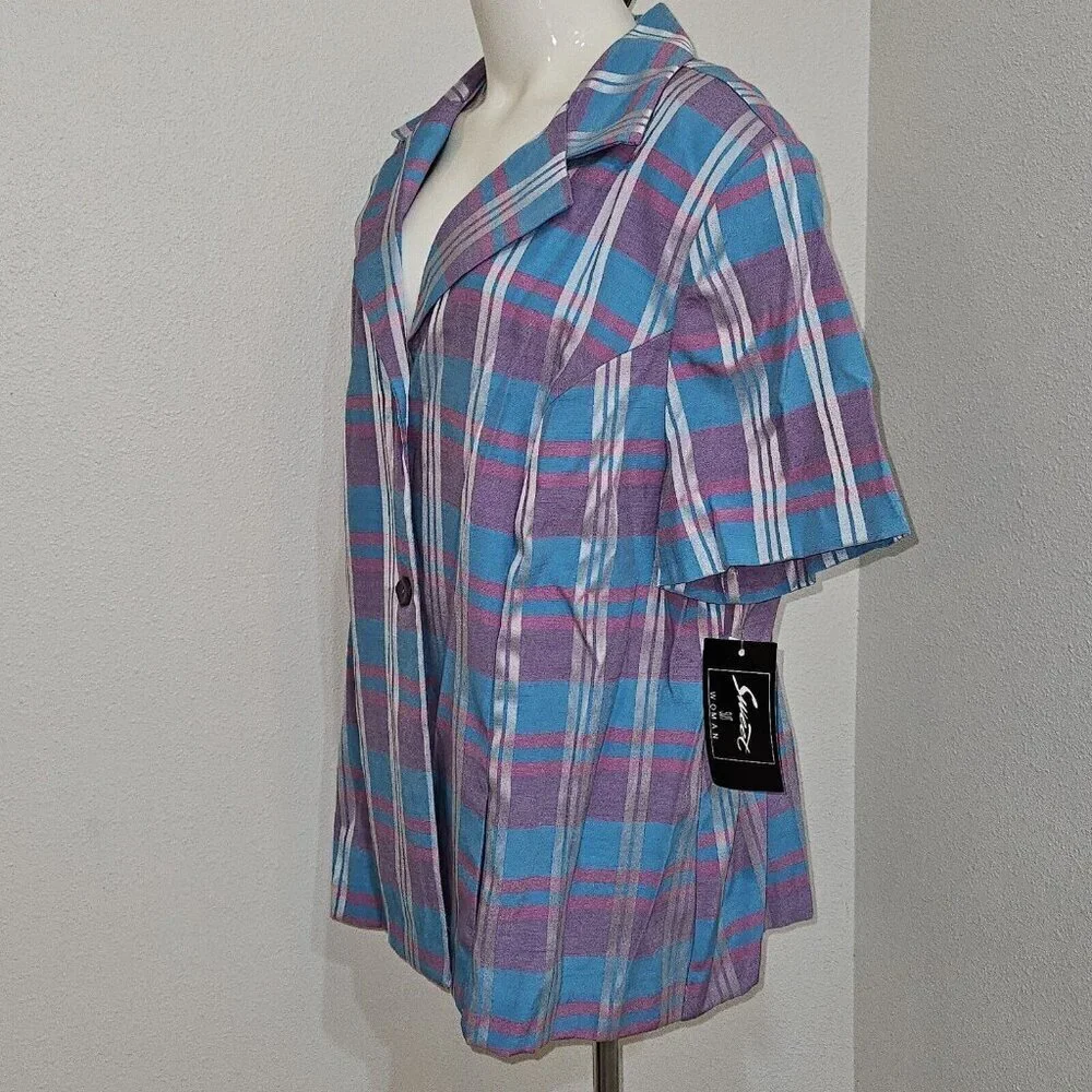 NEW VTG Sweet Suit Woman Blue Purple Plaid Blazer Jacket Size 24W Short-Sleeves
